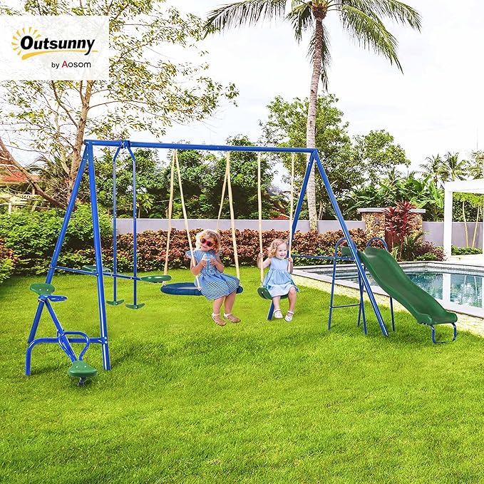 Outsunny Swing Set for Backyard, 5 in 1 Outdoor Playset for Kids with Heavy-Duty A-Frame Stand, 29.5" Saucer Swing, Slide, Teeter-Totter, Glider, 693 Lbs Load, Blue