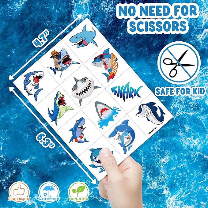 96 PCS Shark Pre-Cut Temporary Tattoos Sticker Sea Animal Fish Under The Sea Ocean Birthday Party Decorations Decor Favors Supplies Gifts Boys Girls Cute Fake Tattoo School Reward Themed (Normal)