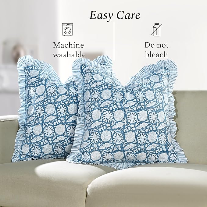 CPC Blue Meadow Hand Block Print 100% Cotton Ruffle Throw Pillow Cover 24x24 inch with Hidden Zipper Decorative for Couch, Bed, Sofa, Farmhouse, Cottagecore Decor Gift Christmas Fall Thanksgiving