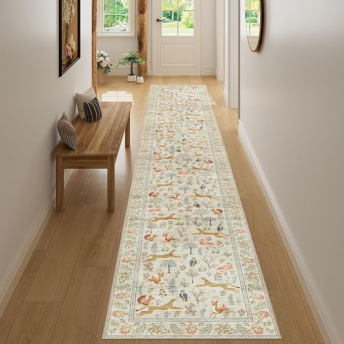 DUKINO 2x12 Washable Runner Rug, Non Slip Animal Rug for Kitchen, Beige | Soft, Low Pile, Non-Shedding Thin Indoor Long Runner Carpet for Hallway, Entryway, Bedroom, Bathroom, Laundry, Pet Friendly