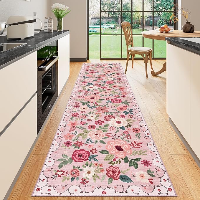 DUKINO 2.6x10 Runner Rug for Hallway, Washable Kitchen Rugs Non Slip, Pink | Soft, Low Pile, Floral Indoor Floor Rug Runner for Entryway, Bedroom, Bathroom, Laundry, Pet Friendly, Home Decor, Ultra-Thin