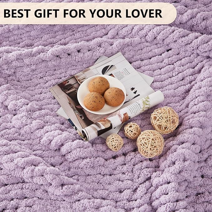 L'AGRATY Chunky Knit Throw Blanket for Couch, 72'' x 84'' Knit Throw, Purple