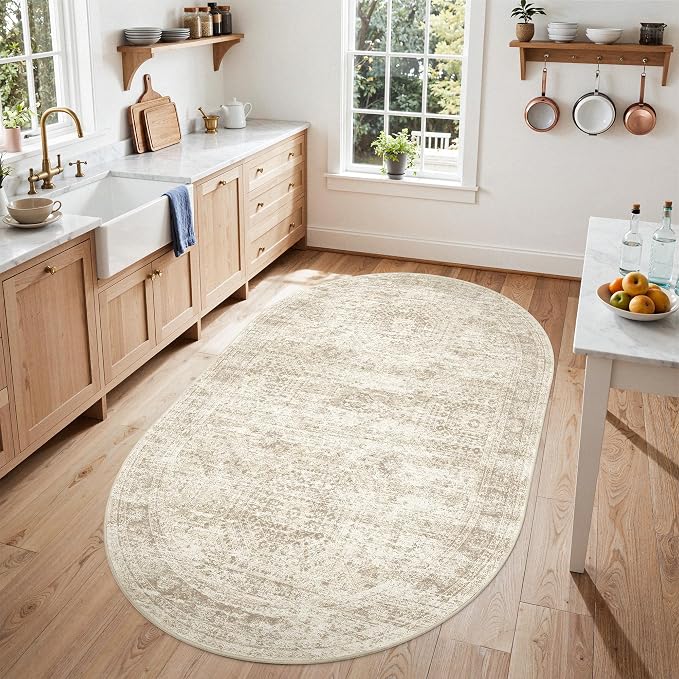 Soalmost Small Oval 3x5 Rug for Entryway Kitchen, Washable Area Rugs, Beige | Vintage Low Pile Carpet for Nursery Coffee Table Bathroom, Foldable Stain Resistant Indoor Door Mat Entrance Powder Room