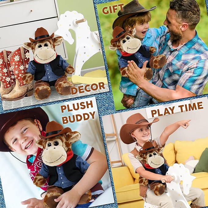 DolliBu Sitting Giraffe Stuffed Animal Cowboy Plush with Name Personalization - Western-Themed Giraffe Plush with Cute Cowboy Costume Denim Shirt Vest, Bandana, Leather Pants, and Hat - 9 Inches