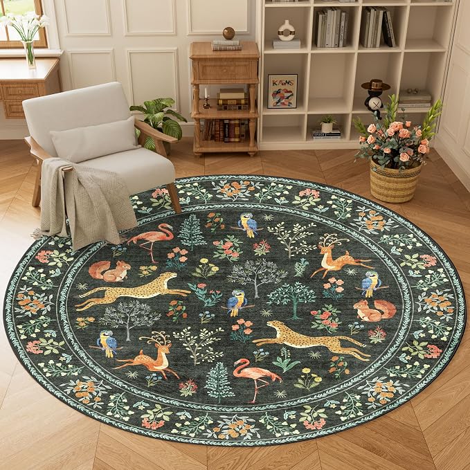 DUKINO 6ft Round Rug for Bedroom, Washable Soft Non Slip Circle Rug, Black | Low Pile, Stain Resistant, Animal Indoor Carpet for Living Room, Kitchen, Dining Room, Nursery, Farmhouse, Pet Friendly
