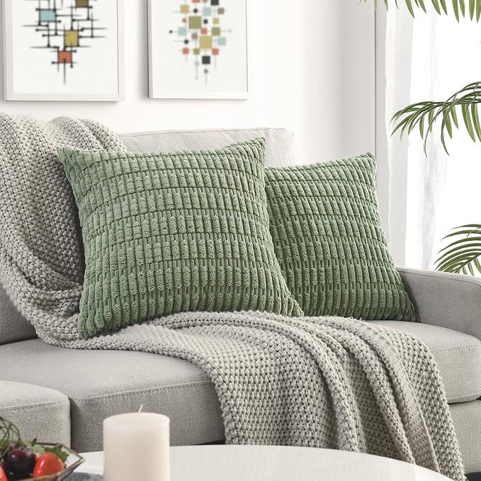 Volcanics Pack of 2 Sage Green Decorative Throw Pillow Covers 24x24 Inch | Soft Corduroy Striped Square Cushion Cases, Modern Farmhouse Boho Home Decor for Spring Couch Bed Sofa Living Room