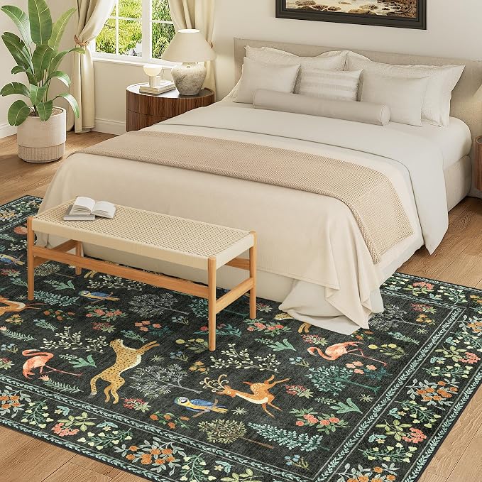 DUKINO 5x7 Area Rugs, Washable Animal Rug for Living Room Non Slip, Black | Low Pile, Soft Indoor Carpet for Bedroom, Kids Room, Dining Room, Pet Friendly, Farmhouse, Stain Resistant, Non-Shedding