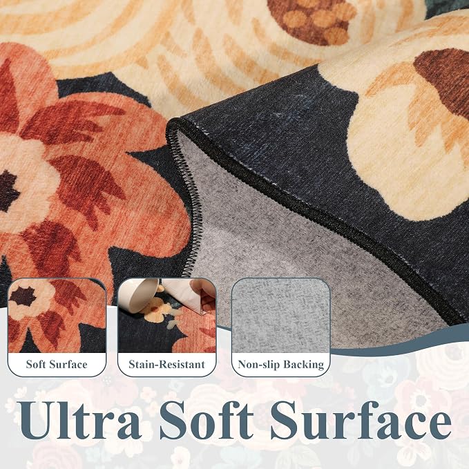 DUKINO 2x4 Rug for Entryway, Floral Washable Kitchen Rugs, Navy Blue | Non Slip, Low Pile, Soft Throw Runner Rug for Hallway, Bedroom, Bathroom, Laundry, Pet Friendly, Home Decor, Stain Resistant