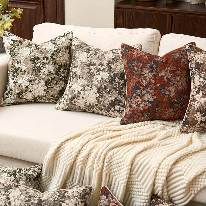 Neutral Floral Pillow Cover 20 x 20 Inches, Vintage Chenille Square Throw Pillow Cover Soft Decorative Farmhouse Accent Couch Pillow Cover for Living Room Bedroom, Green