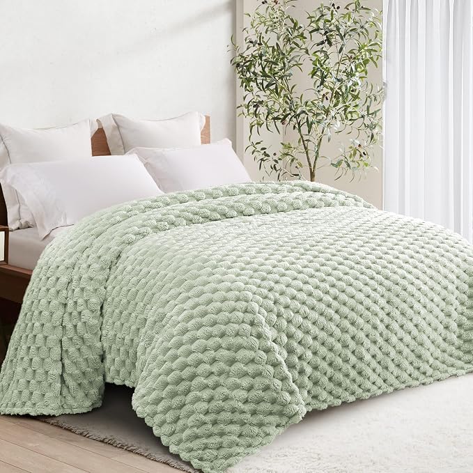 Whale Flotilla Soft Fleece Twin Size Bed Blanket 3D Jacquard, Sage Green | Lightweight Coverlet Bedspread, Super Cozy Plush Fluffy Fuzzy All‑Season Decorative Blanket for Bed, Dorm Essentials, 60"x80"