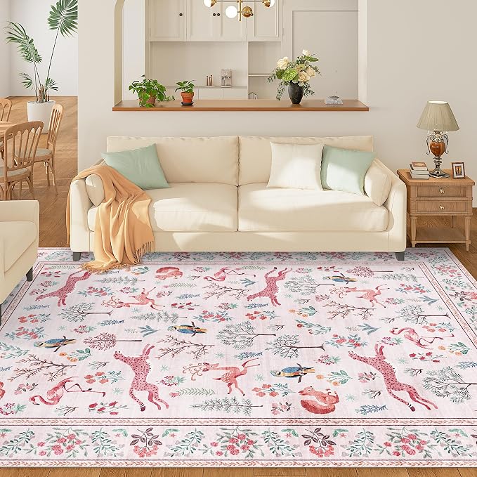 DUKINO 5x7 Area Rugs, Washable Animal Rug for Living Room Non Slip, Pink | Low Pile, Soft Indoor Carpet for Bedroom, Kids Room, Dining Room, Pet Friendly, Farmhouse, Stain Resistant, Non-Shedding