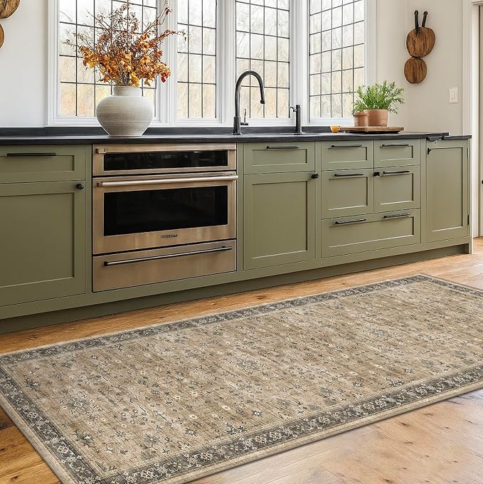 Natural Taupe 2x8 Runner Rug for Hallway, Long Runner Rug for Kitchen, Entryway Indoor Runner for Bathroom, Non-Slip Low-Pile Washable Stain Resistant, Vintage Natural Earthy Décor