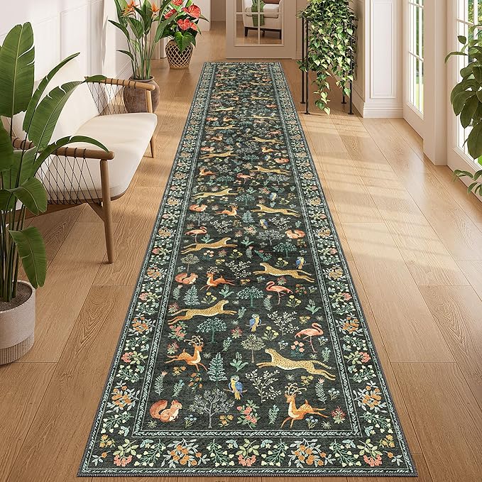 DUKINO 2x12 Washable Runner Rug, Non Slip Animal Rug for Kitchen, Black | Soft, Low Pile, Non-Shedding Thin Indoor Long Runner Carpet for Hallway, Entryway, Bedroom, Bathroom, Laundry, Pet Friendly