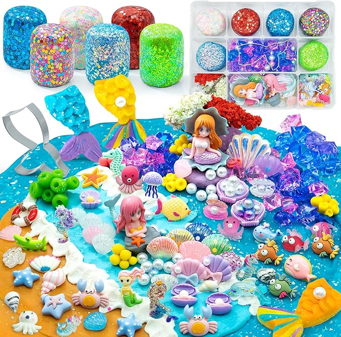SIMPLIPLAY Mermaid Sensory Kit, 18oz 6 Pcs Glitter Doughs with Accessories(150 Pcs+), Non-Toxic Play Dough Set, Sensory Dough Kit for Toddlers 3 4 5 6 Year Old with Cutter, Mermaid Toys