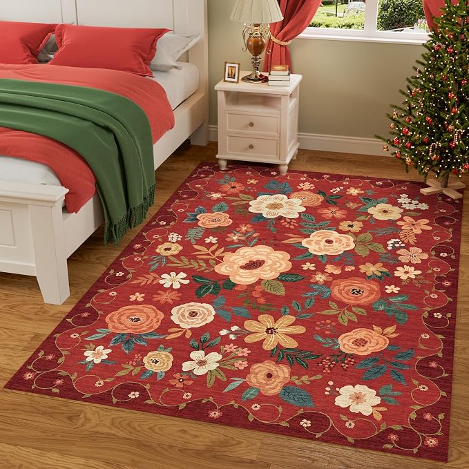 DUKINO 8x10 Area Rugs, Floral Washable Living Room Rug Non Slip, Red | Low Pile, Stain Resistant, Soft Indoor Large Carpet for Bedroom, Dining Rom, Kids Playroom, Pet Friendly, Modern Home Decor
