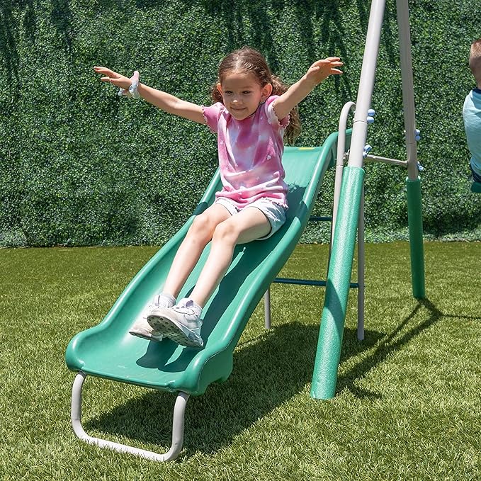 The Swing Company 600LBS Yonkers Metal Swing Set, Outdoor Backyard Playset Kids Aged 3-8 with 2 Swings, Glide Ride, Trapeze, 5ft Slide, Anchor Kit, 6ft Durable Steel Frame
