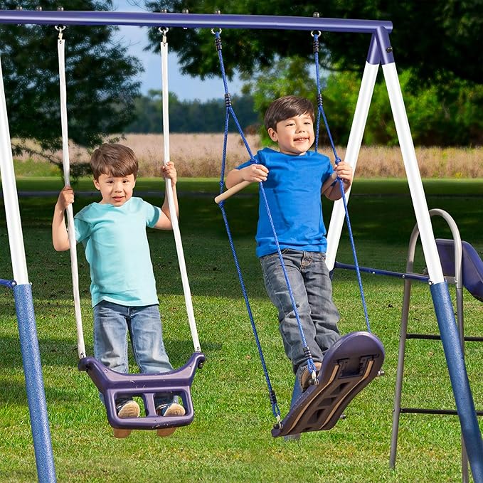 XDP Recreation Surf N Swing Painted Steel 5 Station Kids Outdoor Backyard Swing and Play Set with Wave Slide, Foam Leg Guards, and Hardware, Blue