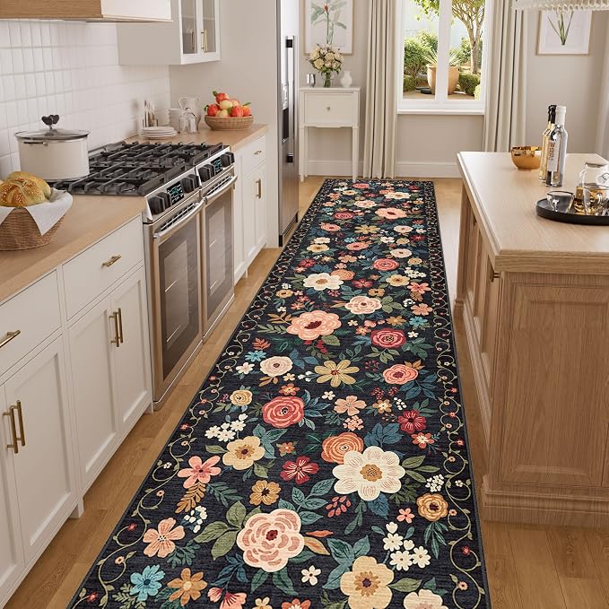 DUKINO 2.6x14 Washable Runner Rug, Floral Non Slip Long Runner Rug, Black | Soft, Low Pile, Ultra Thin Indoor Rug Runner for Hallway, Entryway, Kitchen, Bedroom, Bathroom, Pet Friendly, Home Decor