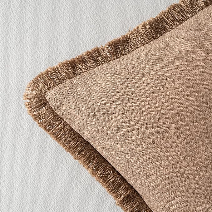 MIULEE Linen Fringe Decorative Fall Euro Throw Pillow Covers Brown 26x26 | Set of 2, Cottagecore Decor, Boho Farmhouse Neutral Pillow Covers, Rustic Fall Couch Cushion Cases for Sofa Bed Living Room