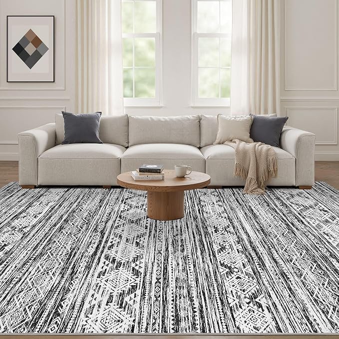 Nakagishi Boho 4x6 Area Rug Living Room Rugs Machine Washable Black White | Soft, Pet & Kid Friendly, Carpet for Living Room/Bedroom/Office/Kitchen/Nursery, Daily Home Decor Stain Resistant Moroccan