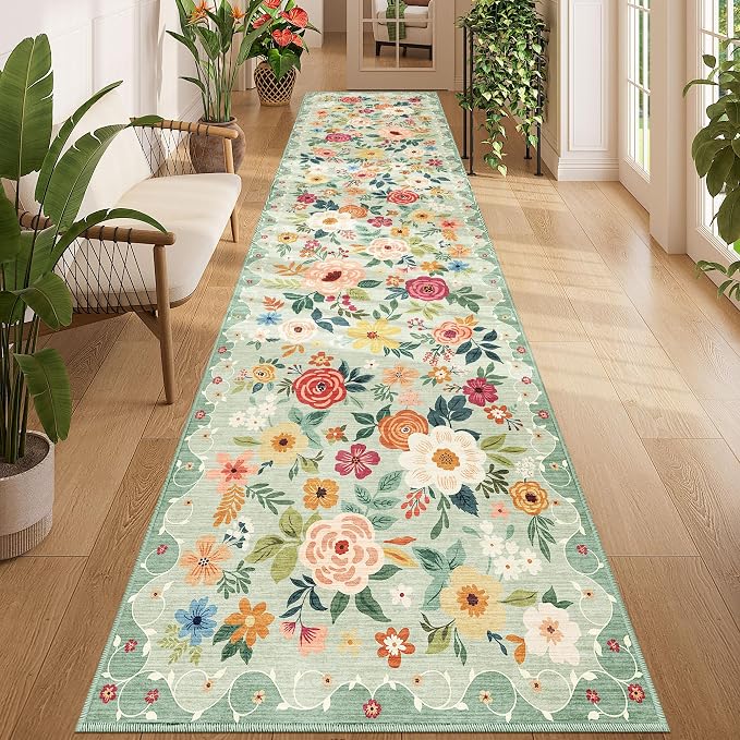 DUKINO 3x12 Washable Runner Rug, Long Hallway Runner Rug Non Slip, Green | Soft, Low Pile, Floral Indoor Runner Rug for Kitchen, Entryway, Bedroom, Bathroom, Laundry, Modern Home Decor, Non-Shedding