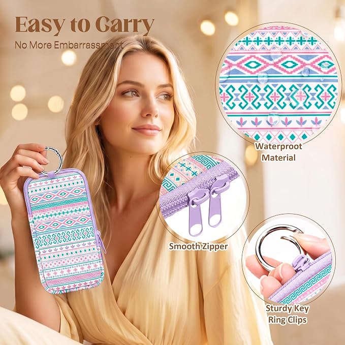 2 Pack Portable Tampon Holder Zippered Pouch with Snap Hook, Waterproof Travel-Friendly Discreet Period Bag, Feminine Products Organizer for Women Purse (Bohemia)