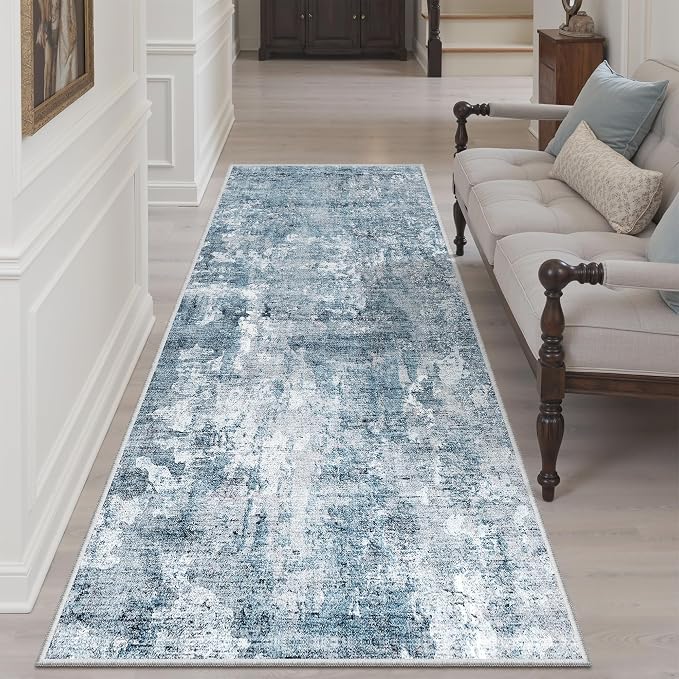 Soalmost Abstract Runner Rug 3x6 Hallway Kitchen Rugs Non-Slip, Blue/Grey | Vintage Washable Runners 6ft for Bathroom Laundry Room, Foldable Low-Pile Floor Carpet Mat for Entryway Corridor Bedroom