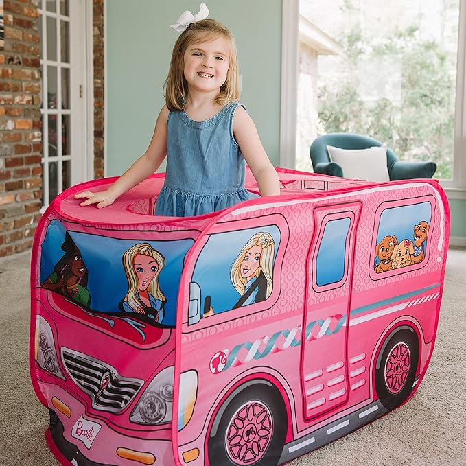 Sunny Days Entertainment Barbie Dream Camper Pop Up Play Tent Pink Indoor Playhouse for Kids Gift for Girls