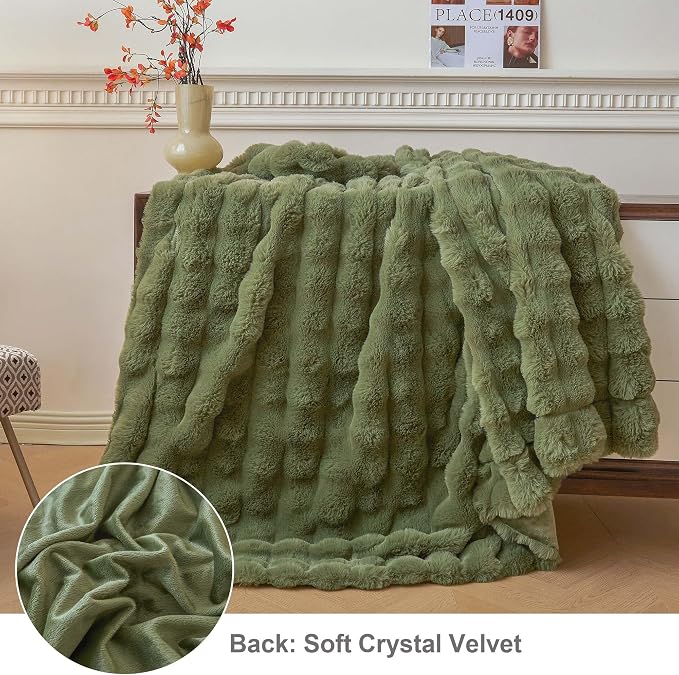 LIFEREVO Luxury Fluffy Faux Rabbit Fur Throw Blanket 50x60, Sage Green | Plush Bubble Blanket for Bedroom Living Room Office, Decorative Soft Moss Furry Lap Throw for Kids Teens Adults, Washable