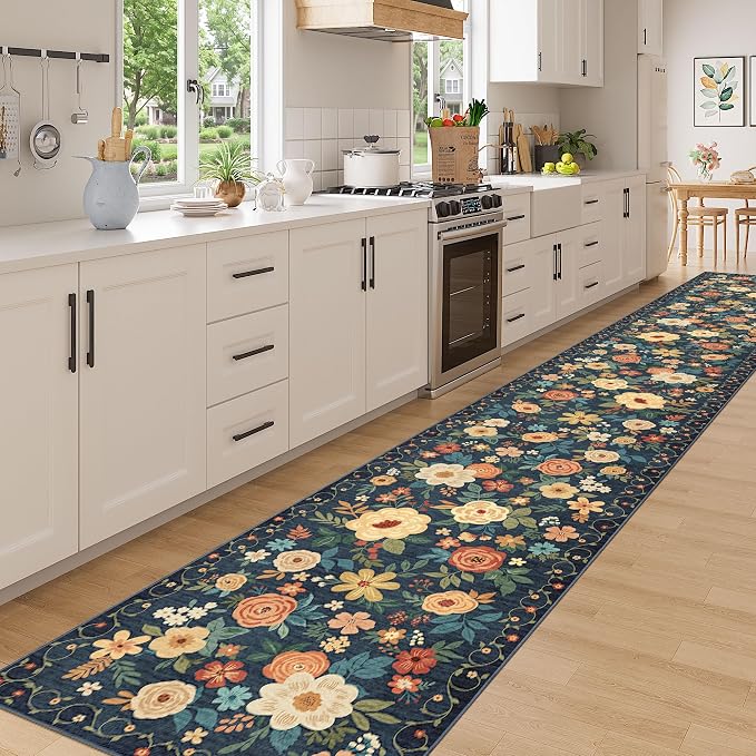 DUKINO 3x20 Runner Rug for Hallway, Floral Washable Runner Rug, Navy Blue | Non Slip, Low Pile, Indoor Long Runner Rug for Kitchen, Entryway, Bedroom, Bathroom, Laundry, Pet Friendly, Modern Home Decor