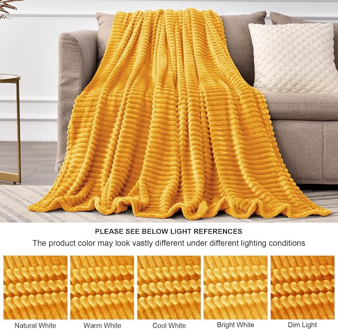 BEDELITE Ribbed Mustard Yellow Fleece Throw Blanket for Couch, 50x60 Inch | Soft Warm Decorative Fluffy Blanket, Cozy Plush Lightweight Fuzzy Throw Blanket for Bed Sofa Home Room Decor, Gift for Women