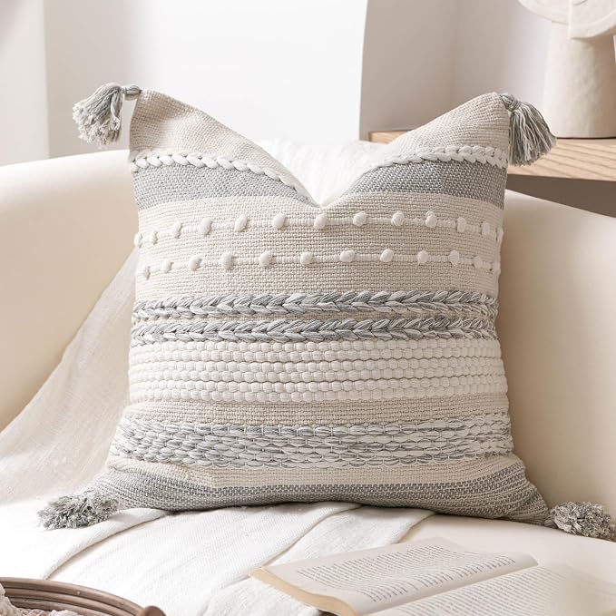 Gray Boho Decorative Throw Pillow Cover 20x20 Square Farmhouse Accent Cushion for Couch Sofa Livingroom Bedroom Pillowcase Modern Home Décor (Pack of 1)