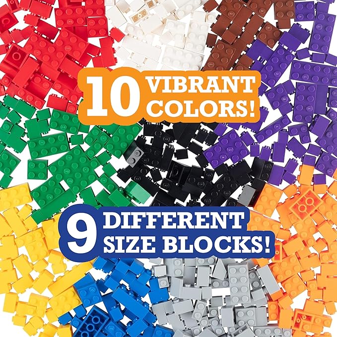 SCS Direct Building Block Bricks - Set of 1000 Pc Bulk Set -10 with 54 Roof Pieces - Compatible & Tight Fit w/All Major Brands - Great for Activity Tables, Creativity & School Projects, Kids Gift