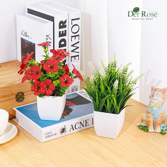 Der Rose 4 Pack Small Artificial Flowers in White Pots, Spring Home Decor | UV-resistant artificial plants, colorful mixed flower styles, for desk shelf bathroom bedroom classroom and spring home decor