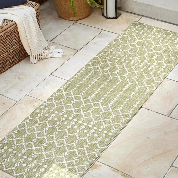 JONATHAN Y Moroccan Geometric Indoor Outdoor Runner Rug 2X8 Light Green/Cream, Ourika Textured Weave for Backyard, Patio, Porch, Easy-Cleaning, High Traffic, Pet-Friendly, Non-Shedding SMB108N-28