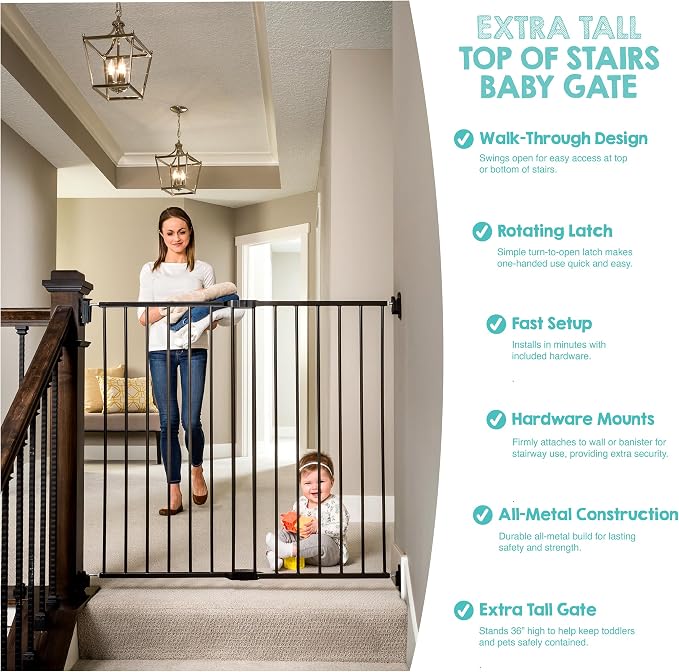 Regalo Safety 36" Extra Tall Baby Gate for Stairs & Doorways, Walk-Through Stair Gate with Door, Hardware Mounted Gate for Babies, Toddlers & Pets, Fits 24"–40.5" Openings, Black