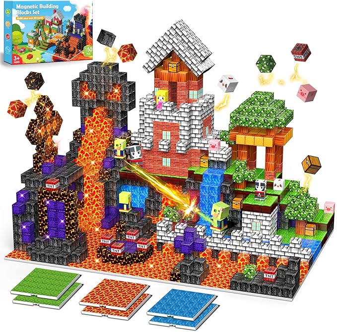 Magnetic Building Blocks - 150PCS Building Toys with 6PCS Bases, Magnet Cube Game for Kids, Build Mine Castle Volcano World for Boys Girls Age 3-5 4-8 8-12, STEM Sensory Outdoor Travel Toys Gifts
