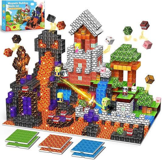 Magnetic Building Blocks - 150PCS Building Toys with 6PCS Bases, Magnet Cube Game for Kids, Build Mine Castle Volcano World for Boys Girls Age 3-5 4-8 8-12, STEM Sensory Outdoor Travel Toys Gifts