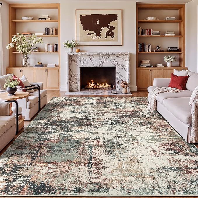 Rugflix 9x12 Area Rugs for Living Room, Washable Rust Brown Green Large Rug | Machine Washable; Stain-Resistant; Low Pile; Non-Slip; Modern Abstract; Carpet for Bedroom Dining Office Nursery Home
