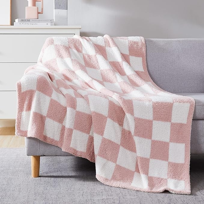 Soft Checkered Throw Blanket for Couch-Cozy Warm Knitted Blankets | Lightweight Warm Fluffy Decor for Women, Mom, Her & Girls, Sofa, Chair, Bed, 50x60in,Pink