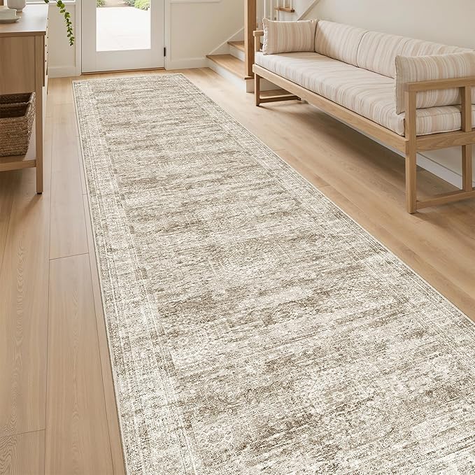 Soalmost Hallway Runner Rug 2'6"x10' Non-Slip Runners for Kitchen Brown | Washable Vintage Long Rugs 2.5x10ft Bathroom, Thin Low Pile Foldable 10ft Floor Carpet Mat for Entryway Corridor Bedroom