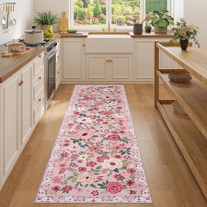 DUKINO 2x7 Runner Rug for Hallway, Washable Runner Rug Non Slip, Pink | Low Pile, Soft Indoor Carpet Runner for Kitchen, Bedroom, Bathroom, Entryway, Laundry, Pet Friendly, Home Decor, Lightweight
