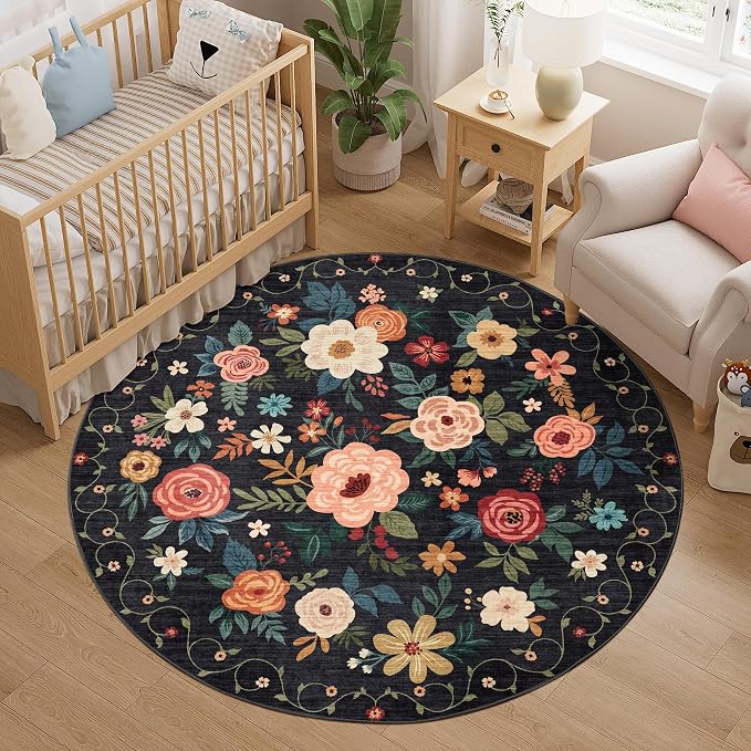 DUKINO 5ft Round Rug, Non Slip Floral Washable Small Circle Rug, Black | Soft, Low Pile, Floral Indoor Area Rug for Bedroom, Living Room, Kids Room, Office, Pet Friendly, Stain Resistant, Home Decor