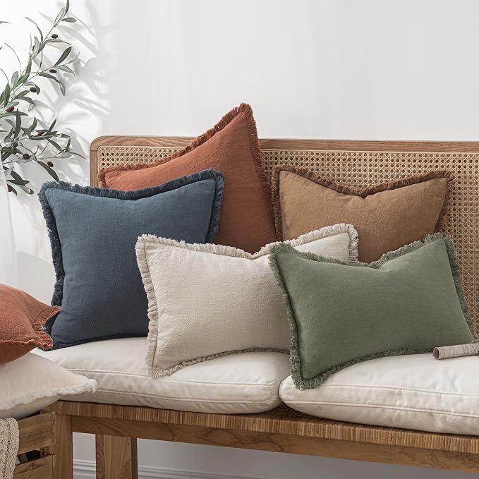 MIULEE Linen Fringe Decorative Fall Euro Throw Pillow Covers Brown 26x26 | Set of 2, Cottagecore Decor, Boho Farmhouse Neutral Pillow Covers, Rustic Fall Couch Cushion Cases for Sofa Bed Living Room