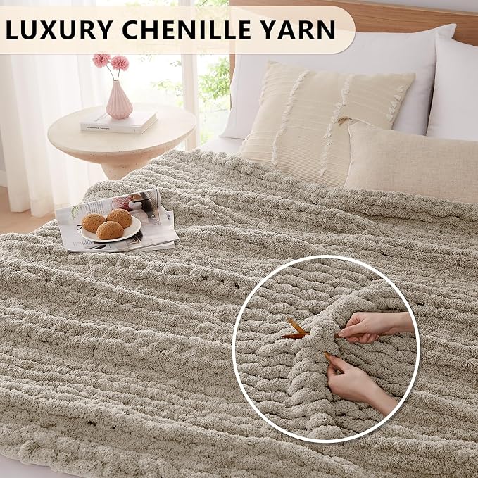 L'AGRATY Chunky Knit Throw Blanket for Couch, 80 x 90 Inches, Light Linen | Handmade Chenille Crochet Blanket for Sofa Bed, Thick Cable Knitted Blankets for Room Home Decor, Birthday Gift for Women Mom