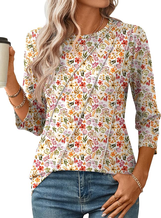 LOMON 3/4 Length Sleeve Womens Tops Spring Summer Fashion 2026 Tops Crew Neck Pleated Shirts Tunic Top Loose Fit