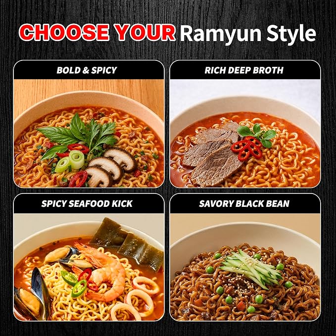 Nongshim Shin Ramyun, Shin Black, Neoguri, Chapagetti Korean Ramen, 16 Pack | Korean ramen variety pack with spicy beef, beef-bone, seafood and roasted black bean profiles