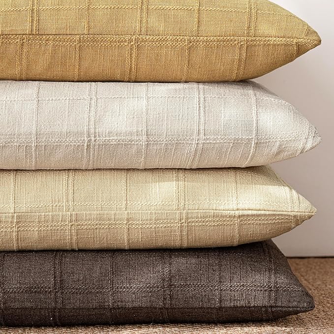 Foindtower Set of 2 Decorative Linen Check Throw Pillow Covers Neutral Farmhouse Lumbar Cushion Covers Modern Boho Accent Home Decor for Sofa Chair Couch Bedroom Living Room,12×20 Inch,Light Yellow