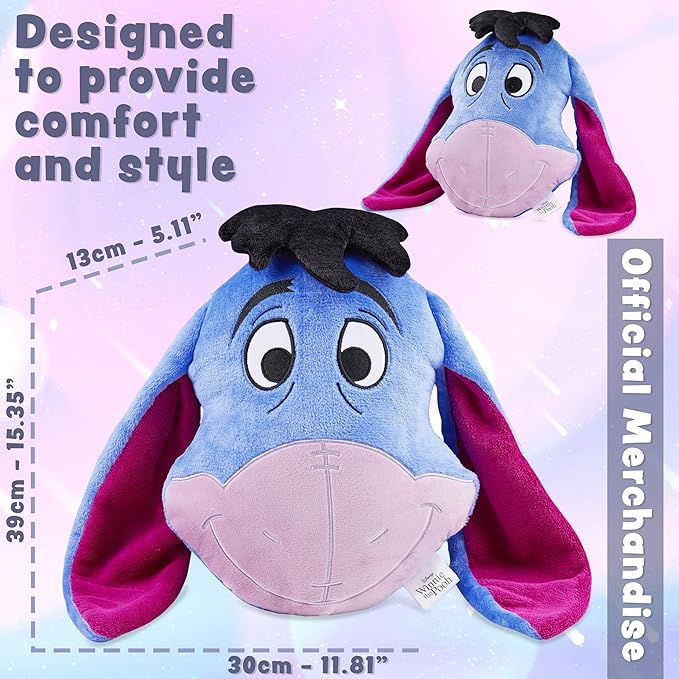 Disney Stitch 3D Plush Cushions for Bed Travel, Cute Cuddle Pillow Stuffed Character Pillow, Bedroom Accessories, Room Decor, Gifts for Kids (Blue Eeyore, L15.35 x W11.81)