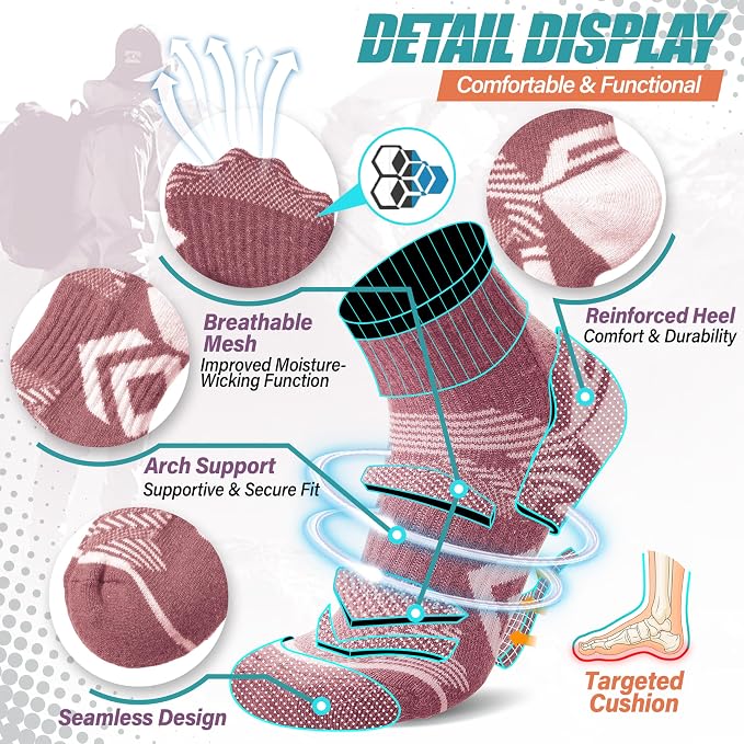 ANTSANG 6 Pairs Merino Wool Quarter Ankle Hiking Running Socks Compression Thermal Thick Cushion Socks for Women Men